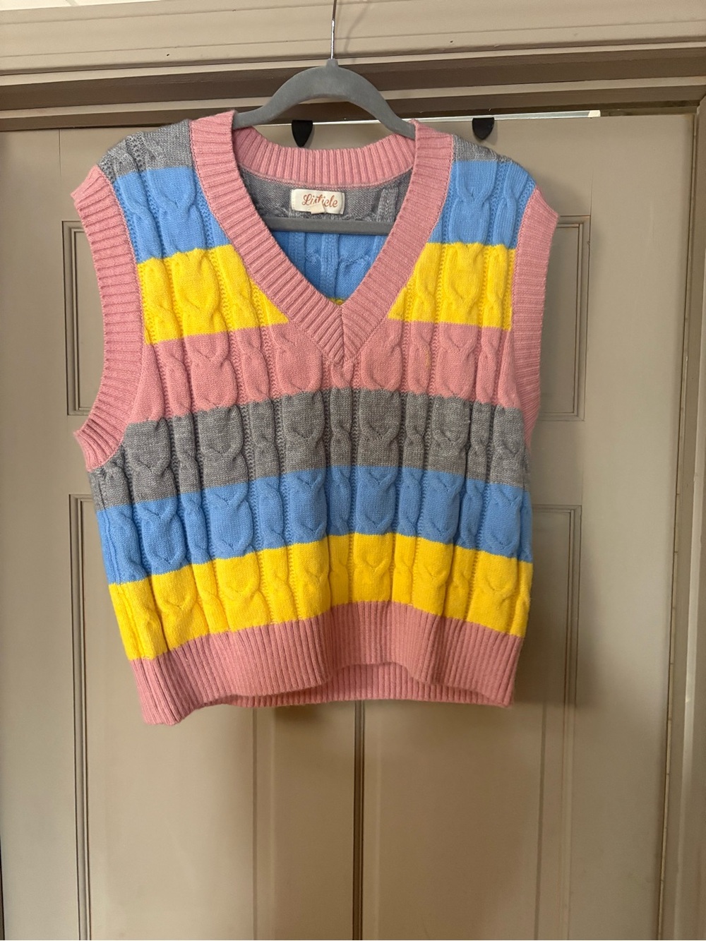 Listicle Striped Cable Knit V-Neck Sweater Vest in Pink, Blue, Yellow & Gray